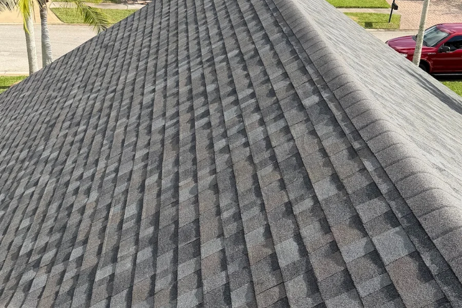 Close-up of a new architectural grey shingle roof installed in Cocoa Beach.